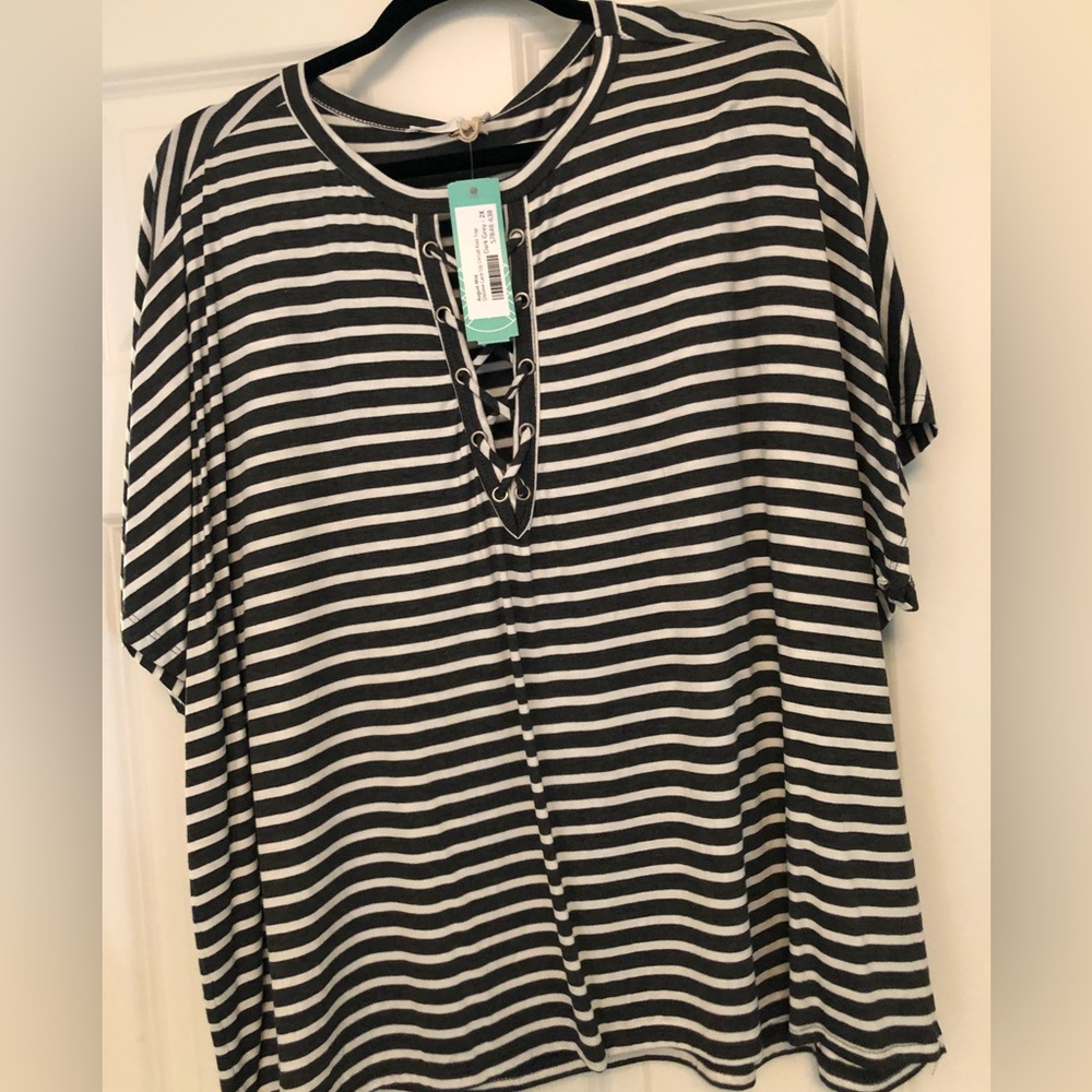 August Mist Danone Lace Up Detail Knit Top- Dark Grey and White Strip 2x